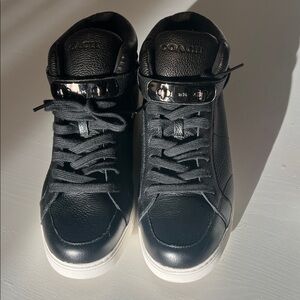 Coach Black Leather High-Top Sneakers with White Soles